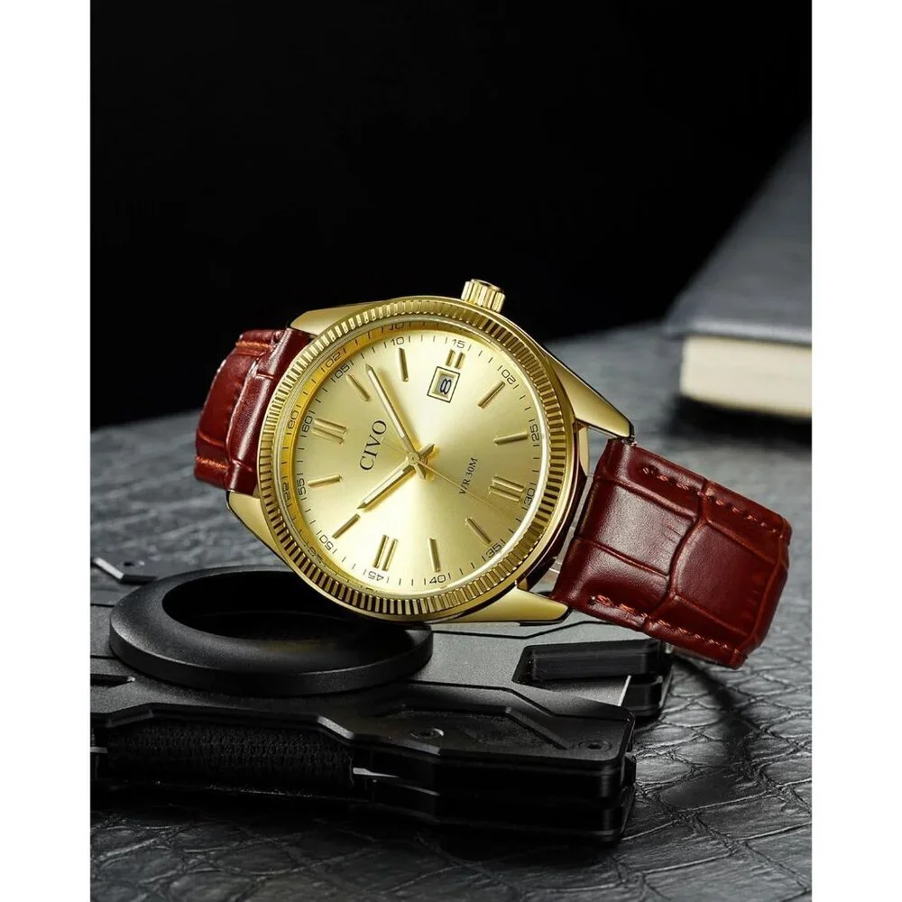 Men's Leather-Gold Stainless Steel Hook Buckle Analog Comfortable Stylish Watch